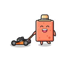 illustration of the brick character using lawn mower vector