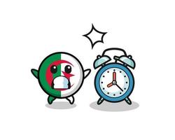 Cartoon Illustration of algeria flag is surprised with a giant alarm clock vector