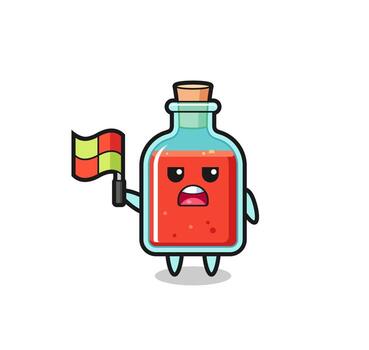 square poison bottle character as line judge putting the flag up vector