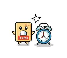 Cartoon Illustration of cement sack is surprised with a giant alarm clock vector