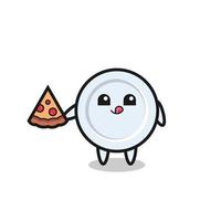 cute plate cartoon eating pizza vector