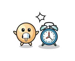 Cartoon Illustration of soy bean is surprised with a giant alarm clock vector