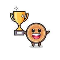 Cartoon Illustration of wood grain is happy holding up the golden trophy vector