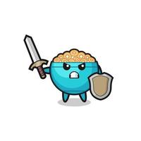 cute cereal bowl soldier fighting with sword and shield vector