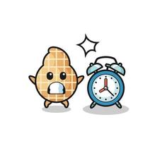 Cartoon Illustration of peanut is surprised with a giant alarm clock vector