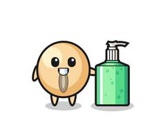 cute soy bean cartoon with hand sanitizer vector