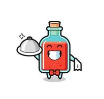 mascota de personaje de botella cuadrada de veneno como camareros vector