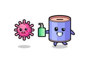 illustration of cylinder piggy bank character chasing evil virus with hand sanitizer vector