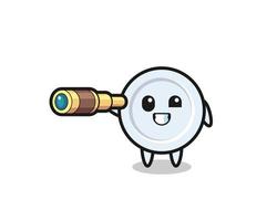 cute plate character is holding an old telescope vector