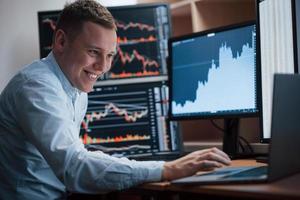 Thinks what to do next. Man working online in the office with multiple computer screens in index charts photo