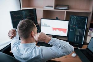 It's victory. Man working online in the office with multiple computer screens in index charts photo