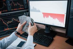 Recounts money. Man working online in the office with multiple computer screens in index charts photo