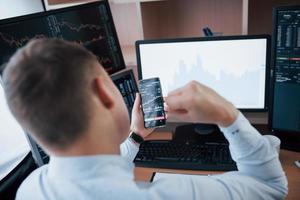 Man working online in the office with multiple computer screens in index charts photo