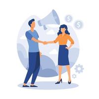 online conclusion of the transaction. the opening of a new startup. business handshake. vector illustration in a flat style investor holds money in ideas online