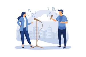 Musicians man and woman, singing together duo raster. Female and male performers holding microphones, entertainment concert. Blonde and brunette vocalists flat vector illustration