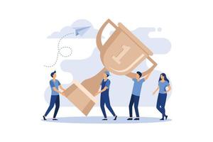 Business Team Success, Achievement Concept. Flat People Characters with Prize, Golden Cup. Office Workers Celebrating with Big Trophy.flat modern design illustration Premium Vector