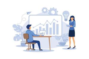 an employee engaged in the construction of columns of graphs, career growth to success, flat color icons, business analysis, data storage in the cloud flat vector design illustration