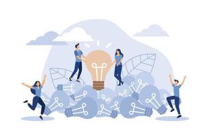 Business concept vector illustration, brainstorming, idea in the form of an abstraction light bulb, a group of people climbed up on extinct light bulbs