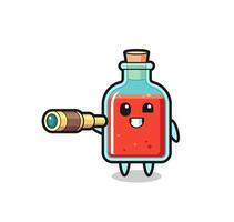 cute square poison bottle character is holding an old telescope vector