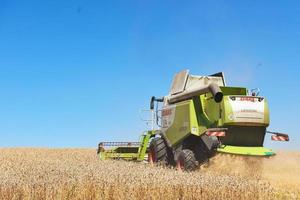 TERNOPIL - JULY 20 A few combines cutting a swath through the middle of a wheat field during harvest on July 20, 2017, in Ternopil photo