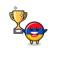 Cartoon Illustration of armenia flag is happy holding up the golden trophy vector