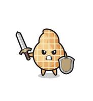 cute peanut soldier fighting with sword and shield vector