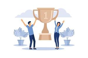 Successful Businessman with Prize. Business Success Teamwork Concept. Manager with Winning Trophy Cup. Leader Man and Woman Celebrating Victory. Vector illustration