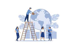 Vector flat illustration, little people are preparing for the holiday, saving the planet, World Environment Day, Bio technology, a city in the background of the planet vector