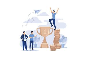 Successful Business Characters Winners Holding Gold Trophy above Head Stand on Top of High Rock and Pedestal. Goal Achievement, Financial Profit and Wealth. flat design illustration