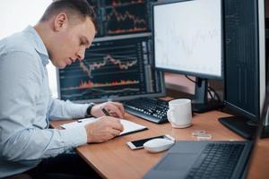 Writing on the notepad. Man working online in the office with multiple computer screens in index charts photo