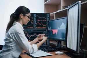 Gorgeous brunette. Woman working online in the office with multiple computer screens in index charts photo