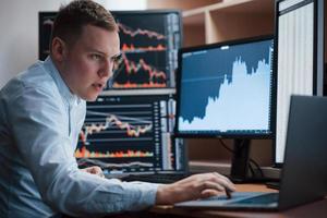 Thinks what to do next. Man working online in the office with multiple computer screens in index charts photo