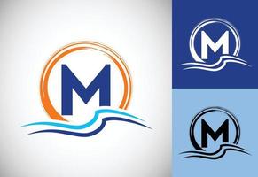 Initial M monogram letter with water ocean waves and the sun. Beach logo design concept vector