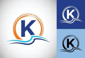 Initial K monogram letter with water ocean waves and the sun. Beach logo design concept vector