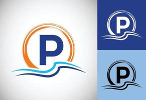 Initial P monogram letter with water ocean waves and the sun. Beach logo design concept vector