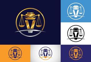 Initial V monogram alphabet with law scale sign symbol. Law office vector logo design template