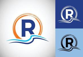 Initial R monogram letter with water ocean waves and the sun. Beach logo design concept vector