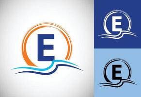 Initial E monogram letter with water ocean waves and the sun. Beach logo design concept vector