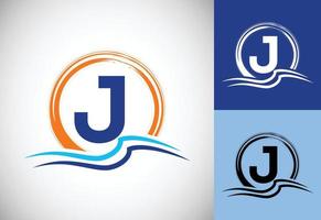 Initial J monogram letter with water ocean waves and the sun. Beach logo design concept vector