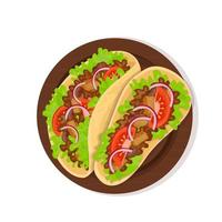 taco, icono de comida rápida, bocadillo de menú, sándwich de cocina mexicana, vector aislado. restaurante de comida rápida y bocadillos de comida callejera, tortilla de taco con carne con verduras, entrega de comida para llevar