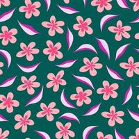 Vector seamless floral pattern. Pink flowers and leaves on an emerald dark green background. Luxury template for website design, product design, packaging, textiles, etc.