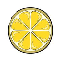 Vector image of a lemon slice with a black outline. Color vector illustration, icon, for product design, printing on textiles, business cards, logo, tattoos