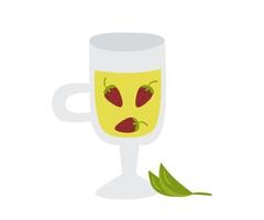 Glass mug of green herbal tea with strawberries. Vector illustration of a healthy drink for design or decoration.