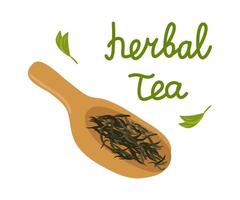 A scoop with natural loose herbal tea and lettering. Clipart for designer decor. Vector illustration