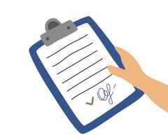 Business forms on a tablet for documents marked with a tick and a signature, a person holds in his hand, top view. Vector illustration of the concept of branded papers.