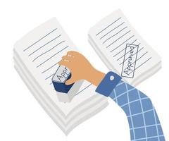 Employee accepts the documents and stamps approved.  Workspace of an office person's routine. Two piles of papers, business forms and a human hand. Vector illustration of the concept of corporate