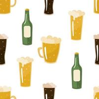 Seamless pattern with light and dark beer in a mug, glass in a bottle. Vector background for printing on paper, fabric, packaging, textiles.