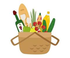 Picnic basket in nature with healthy food. Cucumber. tomatoes, wine, glasses, juice, fruit, loaf. Vector isolated illustration for the concept of a weekend summer vacation.