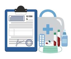 Pharmaceutical prescription form RX with blue seals and stamps of the doctor for medicines. First aid kit, mask, pills and test tubes. Vector illustration of the patient's treatment concept.