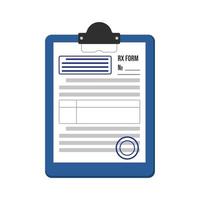 formulario de prescripción farmacéutica rx para medicamentos en una tableta. una hoja de papel con sellos azules y sellos de un médico. ilustración vectorial del concepto de tratamiento del paciente. vector